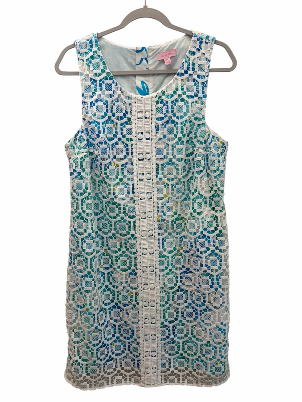Lilly Pulitzer Rosalie Aqua Print Lace Overlay Shift Dress Size 12 Resortwear
